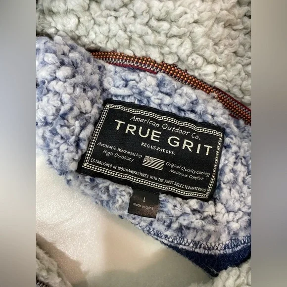 Large True Grit Blue Gray Sherpa Fleece Pullover Jacket w/ Small Side Slits - Picture 7 of 7